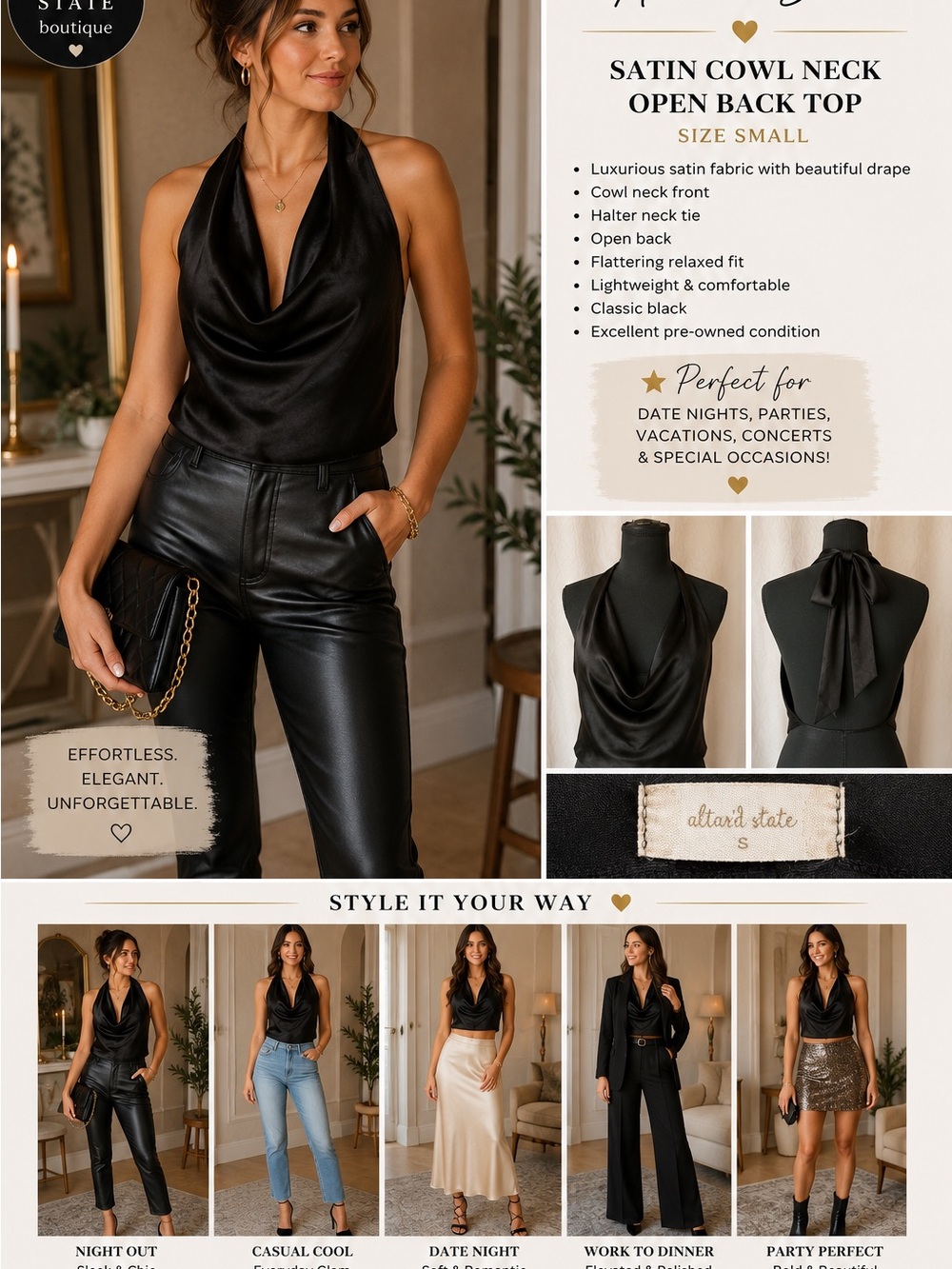 Altar'd State Black Satin Cowl Neck Halter Top